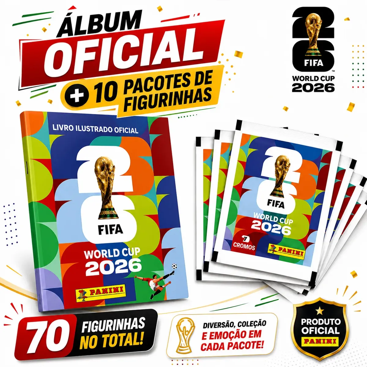 Álbum Panini Copa do Mundo FIFA 2026 capa dura lacrado com pacotinhos de figurinhas oficiais ao lado