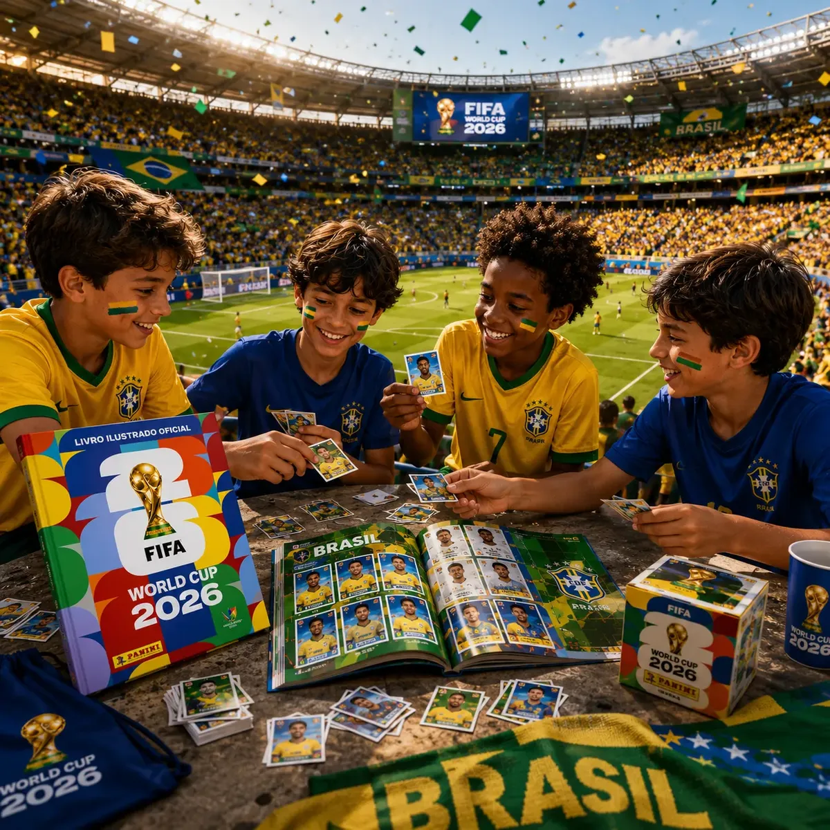 Crianças com camisetas do Brasil abrindo pacotinhos e colando figurinhas Panini Copa 2026 no estádio em dia de jogo