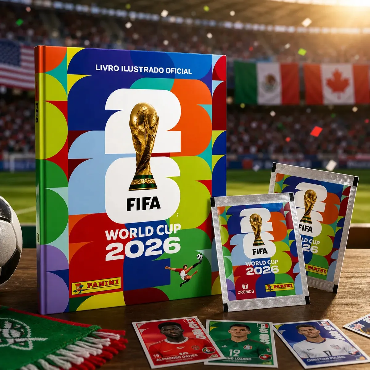 Álbum oficial Panini FIFA World Cup 2026 capa dura com pacotinhos e cromos sobre mesa de madeira com estádio iluminado ao fundo e bandeiras dos países sede